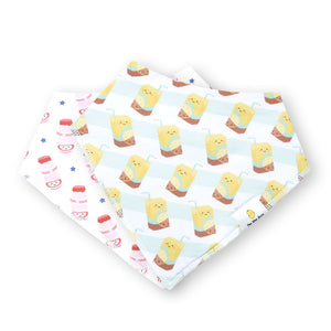 the wee bean organic cotton bandana bibs in lemon vita tea and yakult yogurt drink