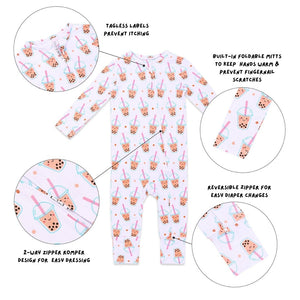 the wee bean dim sum bamboo organic reversible zipper convertible romper in boba tea features