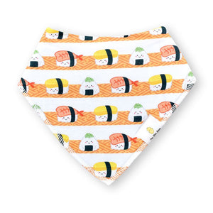 the wee bean organic cotton baby bandana bibs in sushi nigiri onigiri