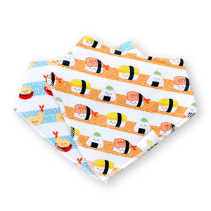 the wee bean organic cotton bandana baby bibs in sushi and tempura