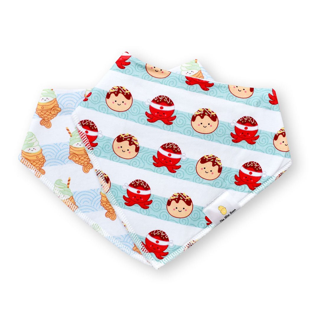 the wee bean organic cotton bandana baby bibs in takoyaki octopus balls and taiyaki fish sundae ice cream