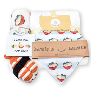 the wee bean organic and sustainable baby gift set blankets and bibs in ramen and sake taste of Japan