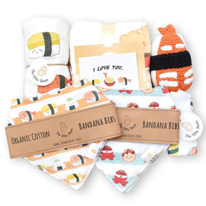 the wee bean organic and sustainable big baby gift set with blankets bibs swaddle and rattle doll in taste of japan sushi tempura