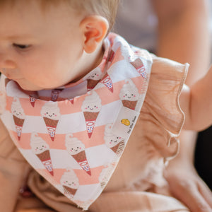 baby wearing the wee bean  organic cotton bandana bibs mr softee ice cream