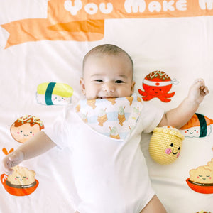 cute baby on The wee bean taste of japan sushi takoyaki and tempura milestone blanket close up