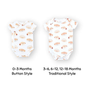 the wee bean organic cotton onesie romper bodysuit in bakery buns sausage buns cocktail bun