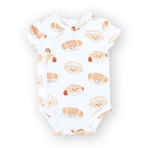 the wee bean organic cotton onesie romper bodysuit in bakery buns sausage buns cocktail bun