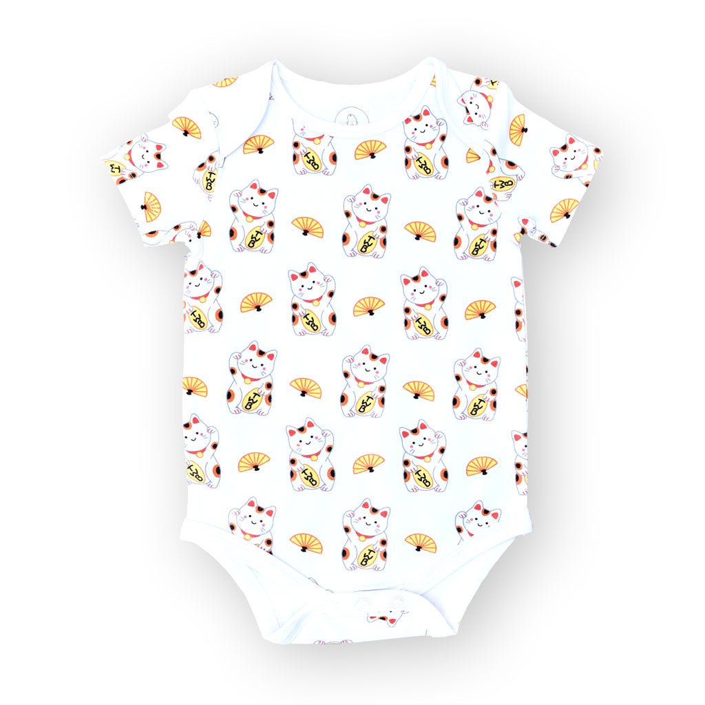 the wee bean organic cotton baby onesie bodysuit in Fortune Lucky Cat Maneki Neko