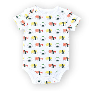 the wee bean organic cotton onesie clothing romper in sushi nigiri ebi shrimp tamago and onigiri