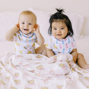 cute western and eastern baby in the wee bean cup noodle and soda bib set