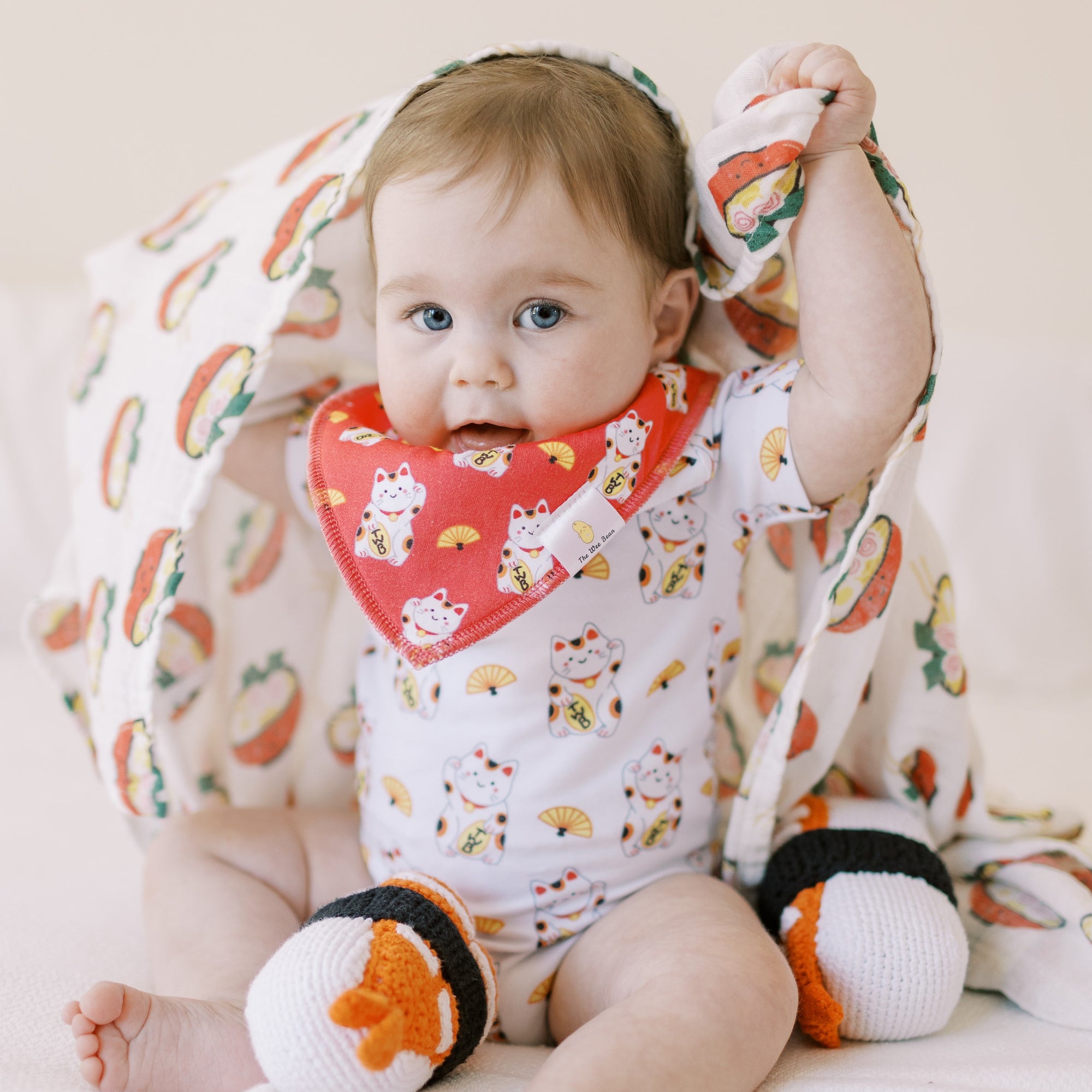 the wee bean organic cotton bandana baby bibs in lucky cat fortune cat white red maneki neko