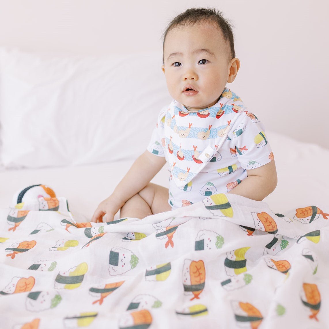 the wee bean taste of japan organic cotton and bamboo swaddle in sushi ebi shrimp and tamago egg nigiri and onigiri