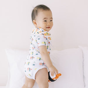 cute baby in the wee bean organic cotton onesie bodysuit romper in sushi onigiri